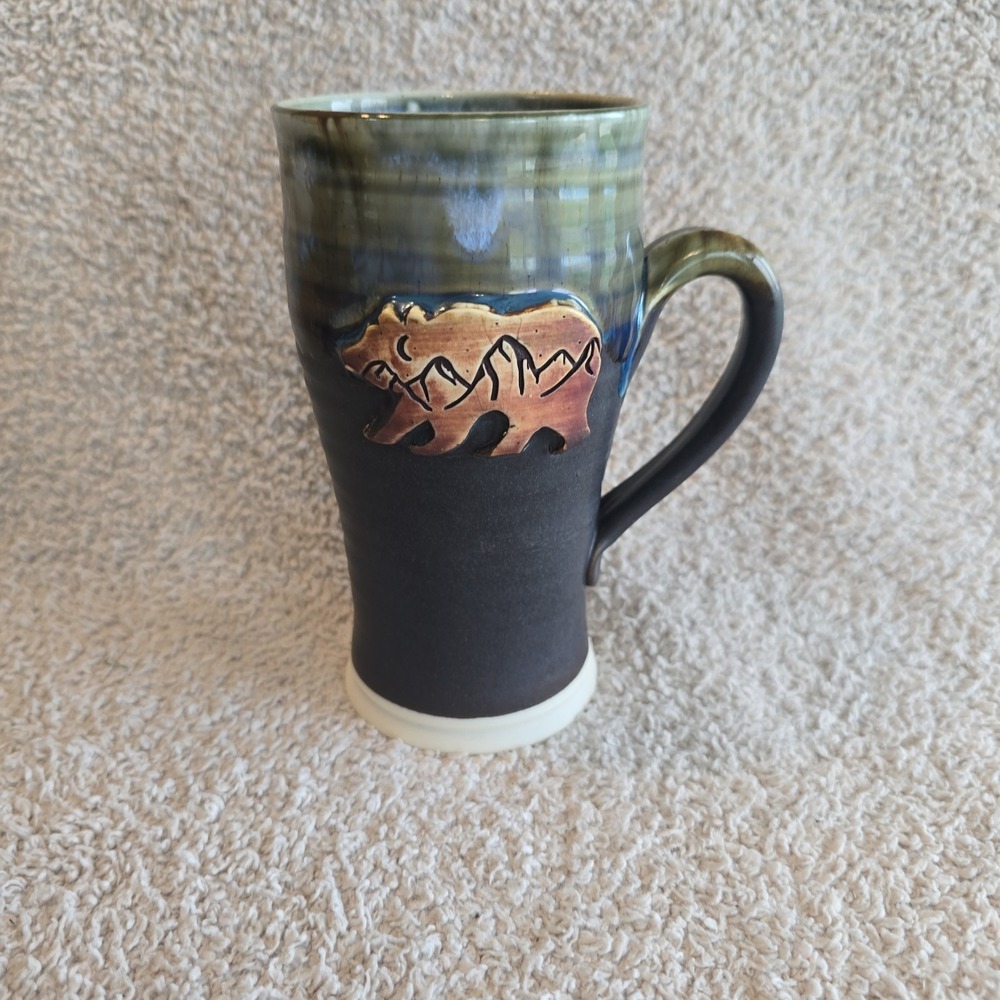 Lulu Pottery Travel Mug Bear Mountains Earthy Gray Blue Green‎ With Handle